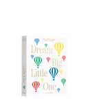 Album fotograficzny "Dream Big Little One" z białą płócienną okładką, złotym napisem i kolorowymi balonami, idealny na zdjęcia z pierwszych lat dziecka.