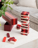 Drewniana gra Jenga Printworks w intensywnych kolorach, z solidnymi klockami do emocjonującej zabawy dla dzieci i dorosłych.